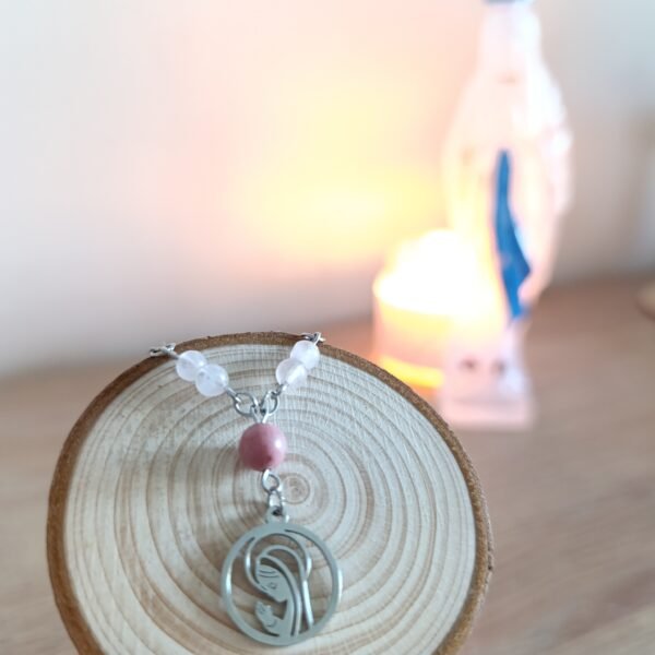 collier vierge marie quartz rose et rhodonite